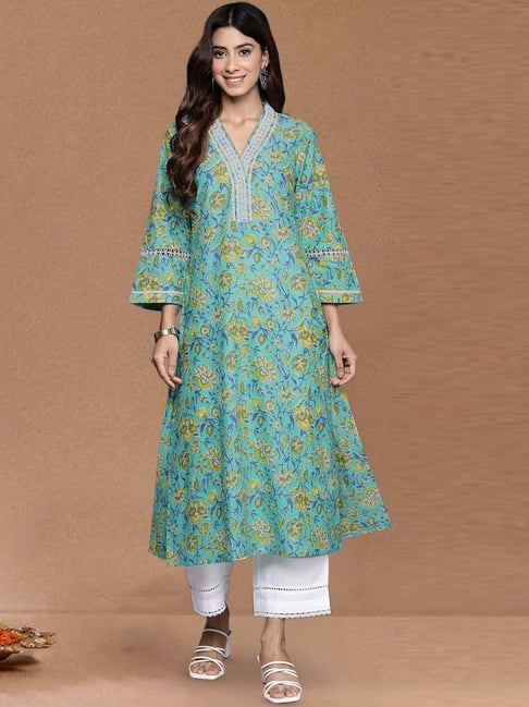 Varanga Sea Green Cotton Regular Fit Floral Print Kurta-picture-23