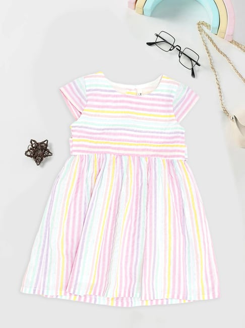 Pantaloons Baby Girls Bright White Acrylic Striped Dress