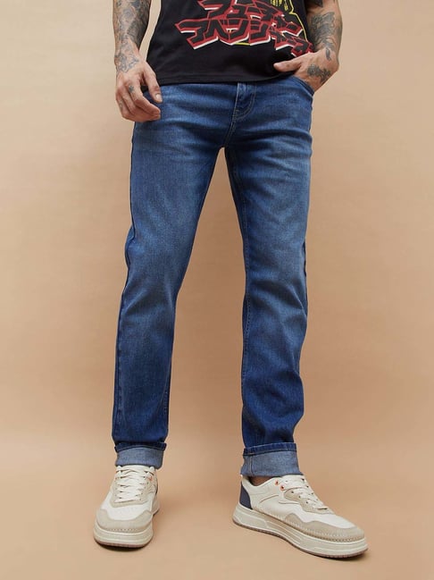 Fame Forever By Lifestyle Mid Blue Cotton Slim Tapered Fit Jeans-picture-32