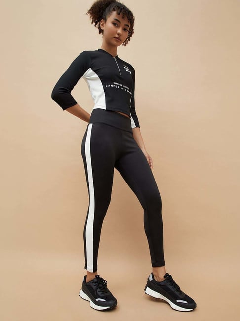 Kappa Black Regular Fit Color-Block Sports Tights
