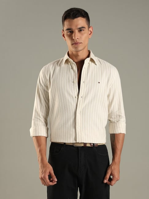 Tommy Hilfiger Cream Cotton Regular Fit Striped Shirt-picture-30
