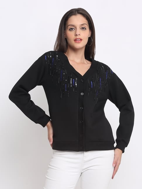 SHAYE Black Fleece Embroidered Sweater