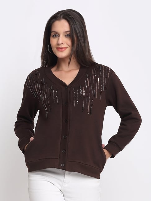 SHAYE Brown Fleece Embroidered Sweater