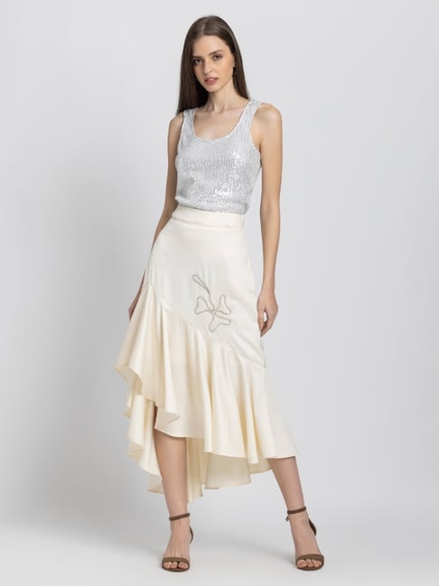 SHAYE White Polyester Solid Skirt