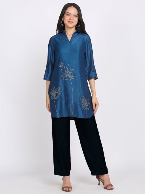 SHAYE Blue Silk Embroidered Kurti