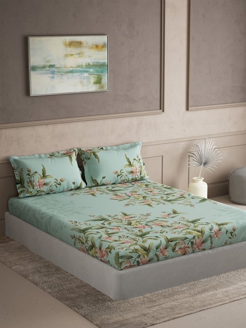 DDecor Memento Green Cotton Floral 144 TC King Bedsheet with 2 Pillow Covers-picture-46