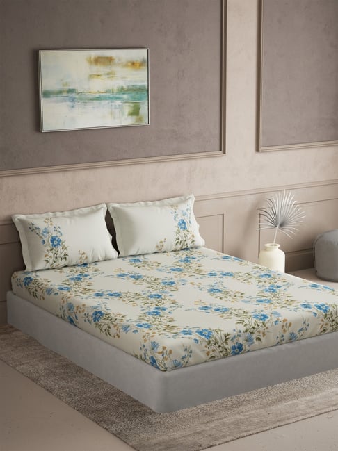DDecor Radiance Blue Cotton Floral 144 TC Super King Bedsheet with 2 Pillow Covers-picture-23