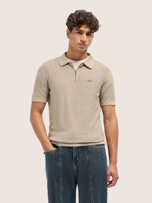The Bear House Beige Slim Fit Texture Polo T-Shirt-picture-26