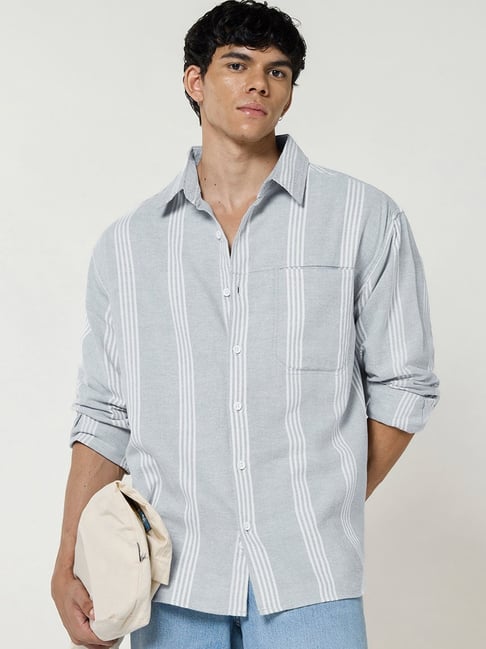 Bewakoof Grey Cotton Loose Fit Striped Shirt