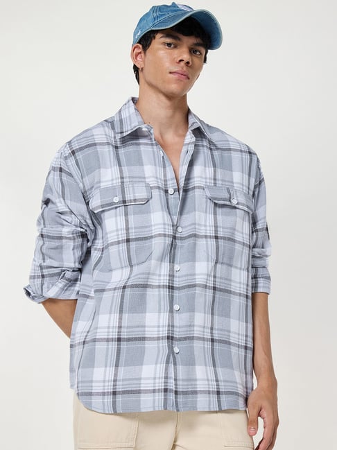 Bewakoof Grey Cotton Loose Fit Checks Shirt-picture-34