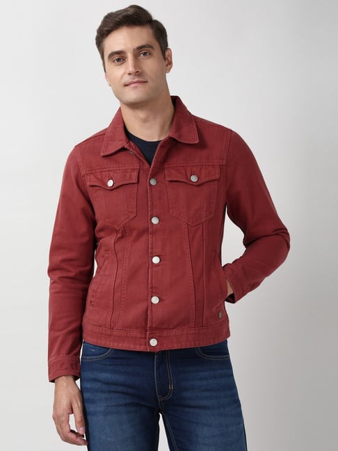 Peter England Red Cotton Regular Fit Denim Jacket