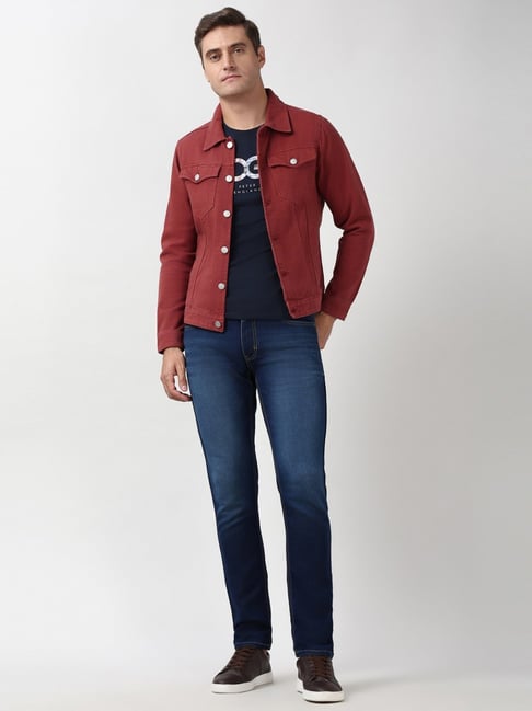 Peter England Red Cotton Regular Fit Denim Jacket