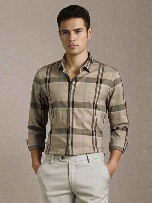 Louis Philippe Beige Cotton Slim Fit Checks Shirt-picture-11