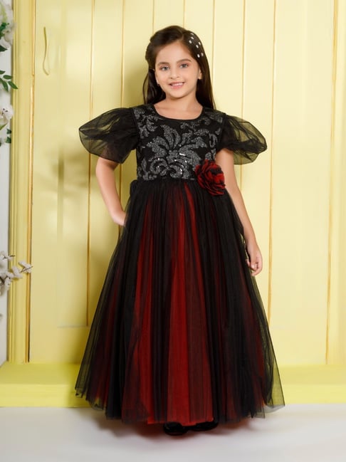 Ministitch Girls Black Applique Regular Fit Party Dress