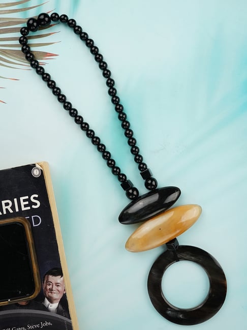 IMLI STREET Black & Metalic Off Ethnic Tribal Handmade Resin Beaded Long Necklace