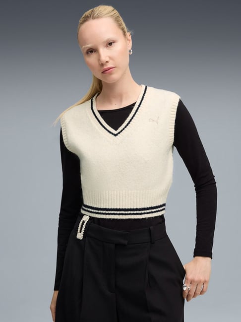 Puma Cream Premium Essentials Regular Fit Knit Vest Sweater