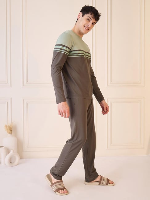 Sweet Dreams Brown & Green Regular Fit Colour-Block Lounge Set-picture-31