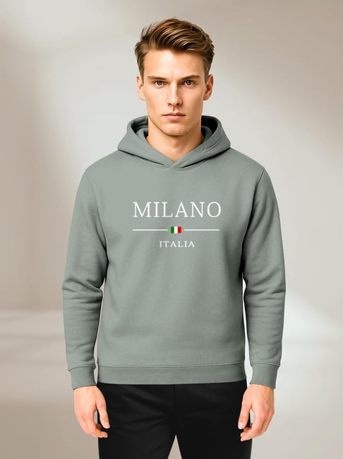 Bullmer Olive Cotton Regular Fit Graphic Print Hooded Sweatshirt