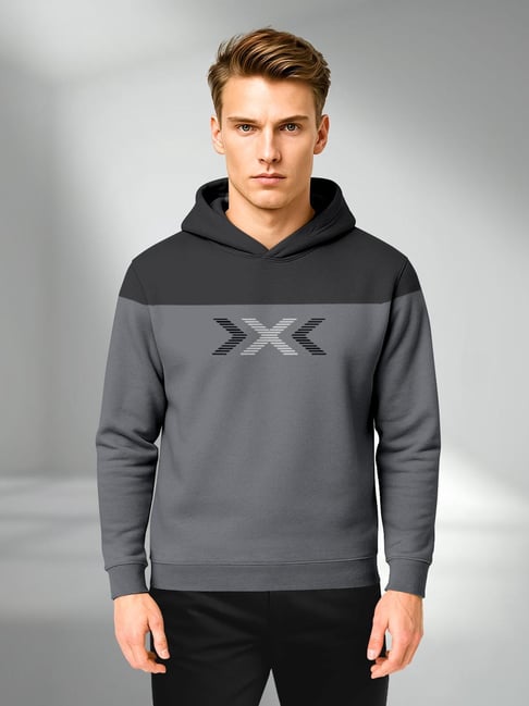 Bullmer Grey Cotton Regular Fit Graphic Print Hooded Sweatshirt