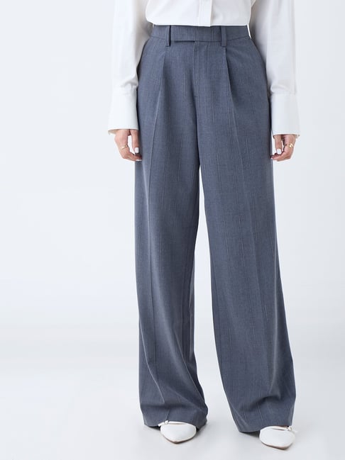 Wardrobe by Westside Grey Self-Striped High-Rise Trousers