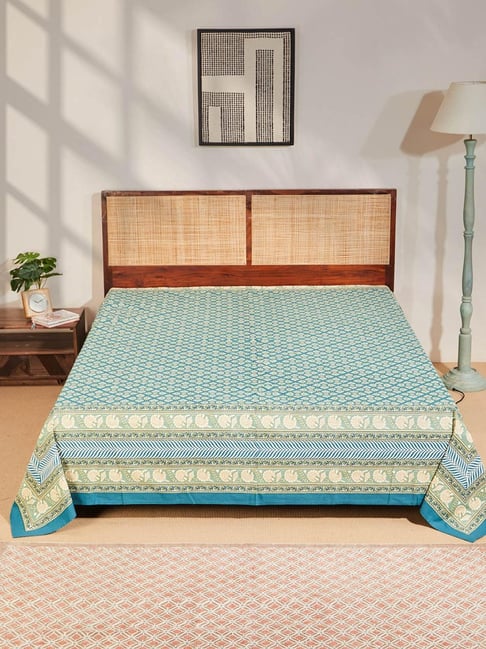 Fabindia Teal Ambara Cotton Printed Bed Cover-image-34