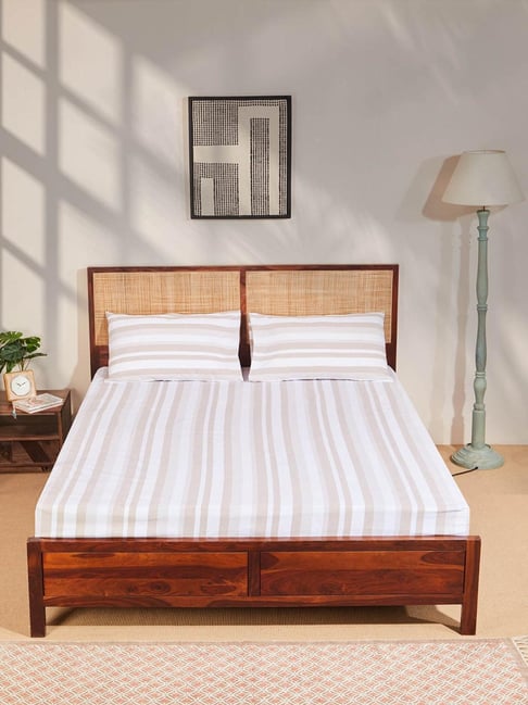 Fabindia Beige Nivan Cotton Woven Bed Sheet with 2 Pillow Covers-picture-16