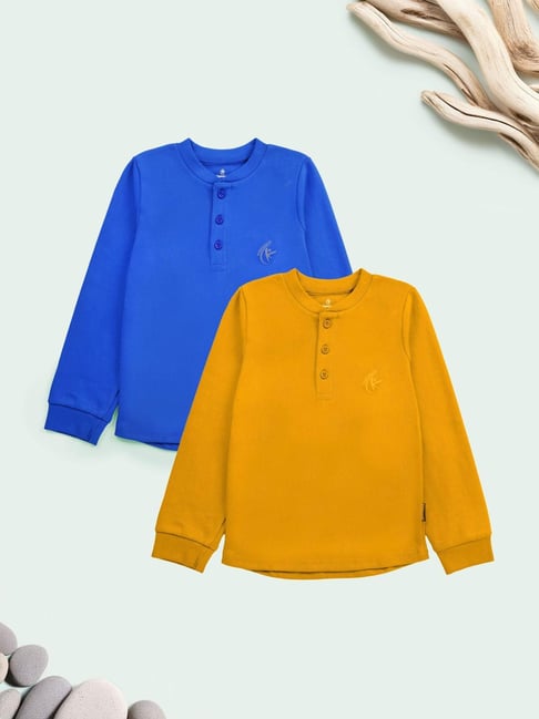 Kiddopanti Kids Royal Blue & Mustard Cotton Regular Fit T-Shirt - Pack of 2-picture-30