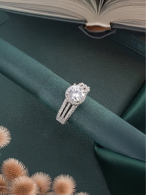 Saraf RS Jewellery Silver Rhodium Plated Statement Zircon Studded Adjustable Solitaire Finger Ring