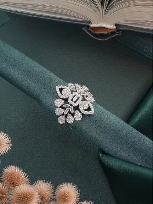 Saraf RS Jewellery Rhodium Plated Statement Zircon Studded Floral Designer Finger Ring