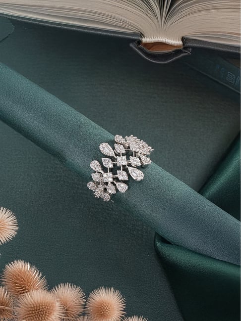 Saraf RS Jewellery Rhodium Plated Statement Marquise Zircon Studded Floral Designer Finger Ring