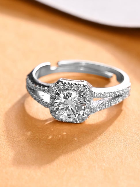 Clara 925 Silver Swiss Zircon Platinum Plated Adjustable Cathedral Halo Finger Ring for Women