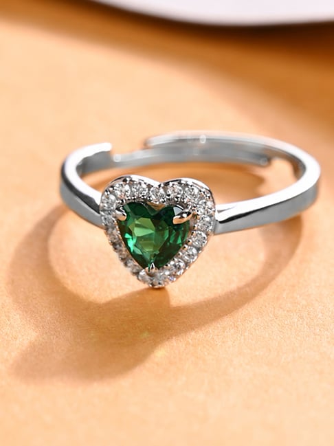 Clara 925 Silver Swiss Zircon Platinum Plated Grethe Green Heart Finger  Ring for Women