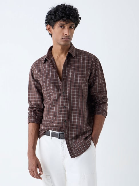 WES Casuals by Westside Brown Checkered Relaxed-Fit Cotton-Blend Shirt-picture-11