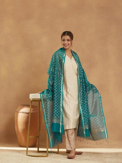 Fabindia Blue Cotton Silk Blend Hand Block Printed Dupatta-picture-29