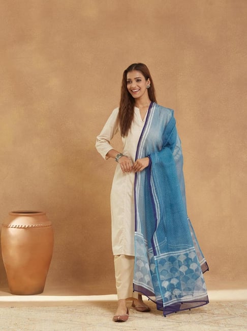 Fabindia Blue Cotton Silk Dabu Printed Dupatta-image-19