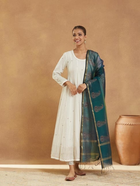 Fabindia Teal Cotton Silk Blend Hand Block Printed Dupatta-image-6