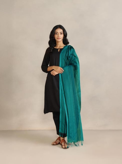 Fabindia Teal Cotton Silk Blend Dupatta-image-7