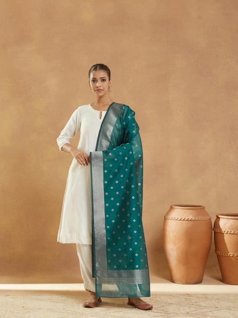 Fabindia Teal Cotton Silk Blend Dupatta-image-8