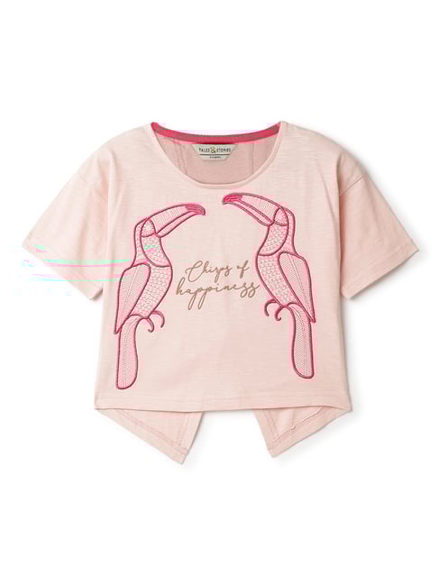 Tales & Stories Girls Baby Pink Cotton Relaxed Fit Embroidered T-Shirt-picture-39