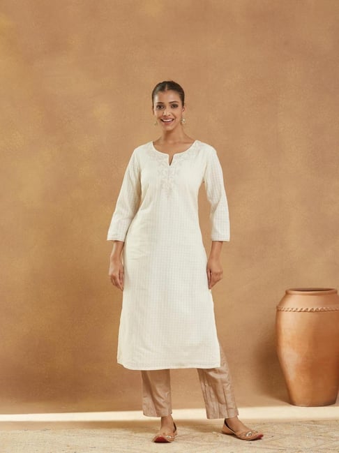 Fabindia White Cotton Embroidered Slim Fit Long Kurta-picture-22