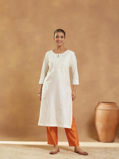 Fabindia White Cotton Silk Embroidered Long Kurta-picture-27