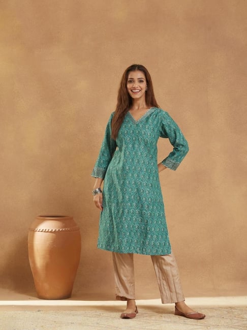 Fabindia Blue Cotton Silk Hand Block Printed Knee Length Kurta-picture-22