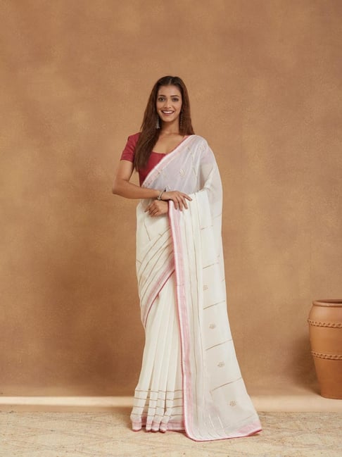 Fabindia White Cotton Silk Hand Embroidered Saree-picture-10