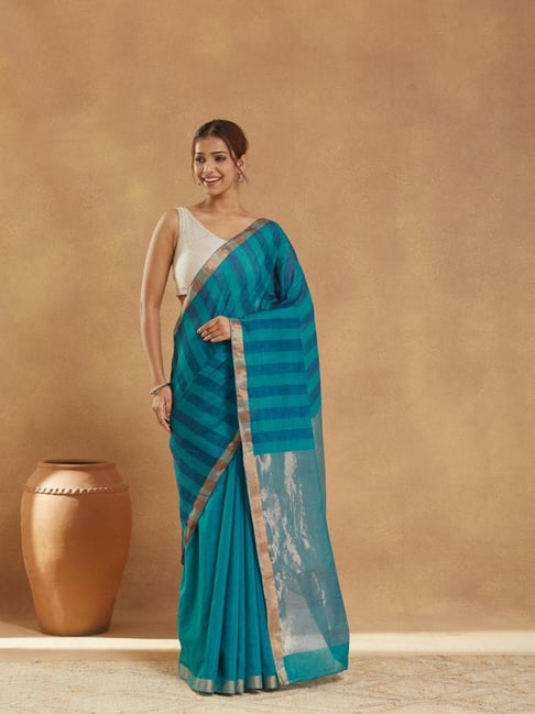 Fabindia Teal Cotton Silk Blend Hand Woven Saree-image-23