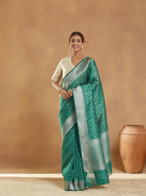 Fabindia Teal Cotton Silk Blend Saree-image-22