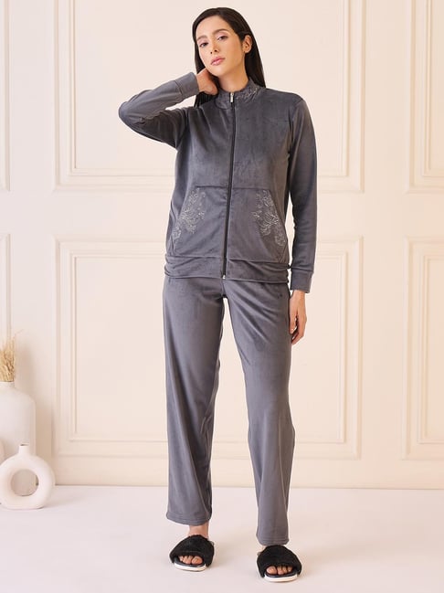 Sweet Dreams Dark Grey Fleece Solid Tracksuit-picture-24