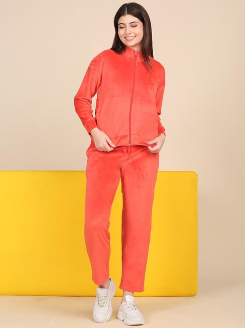 Sweet Dreams Tomato Red Fleece Solid Tracksuit