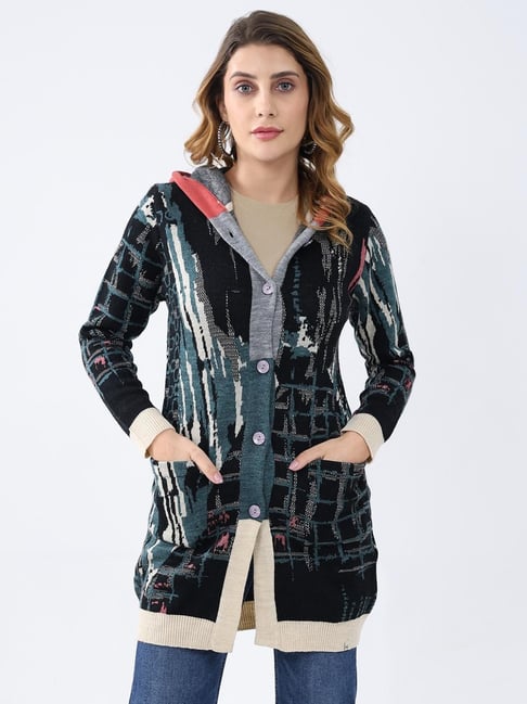 Monte Carlo Multicolored Printed Hooded Cardigan