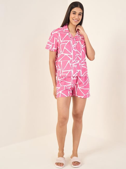Sweet Dreams Pink Cotton Geometric Shorts Set-picture-36