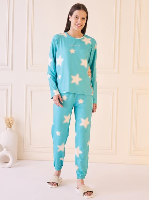 Sweet Dreams Aqua Polyester Geometric Pyjama Set-picture-31